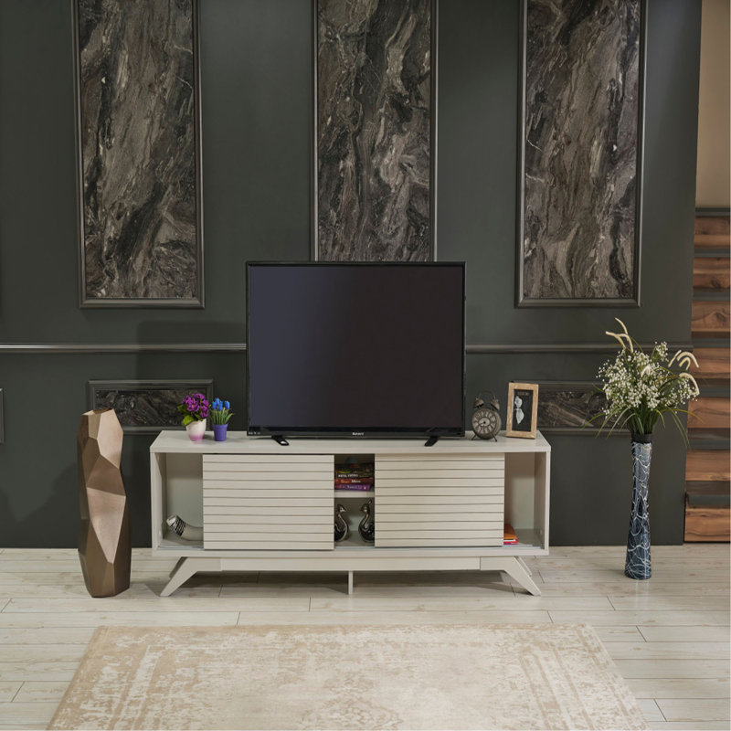 Meuble télé Mid-Century 2 portes coulissantes 2 tablettes et meuble télé 67 po