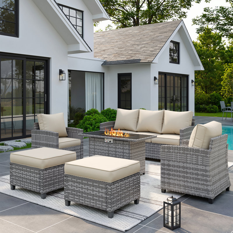 6-Piece Patio Furniture Set with Gas Fire Pit Table, PE Wicker Outdoor Conversation Set with 3-Seat Sofa, 2 Armchairs and Ottomans, Outdoor Patio Furniture for Backyard & Porch