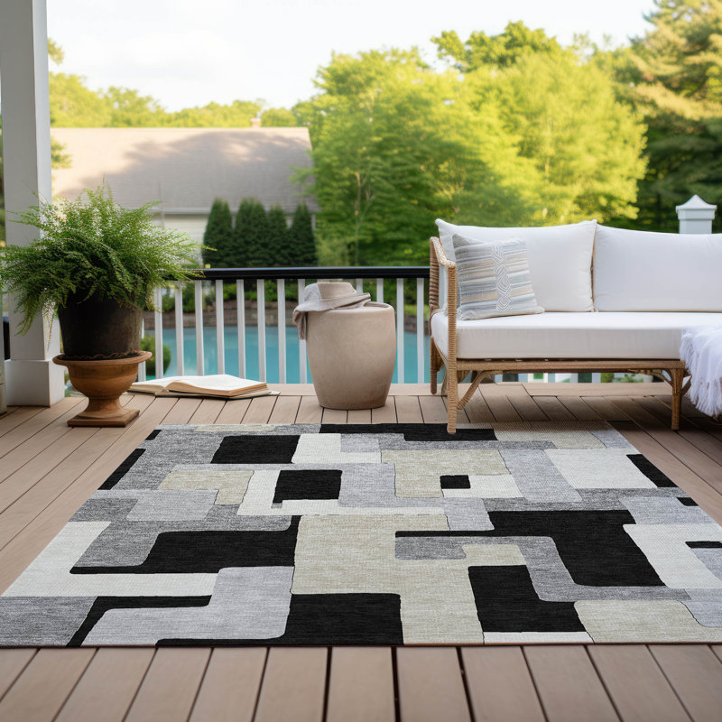 Black Geometric Washable Synthetic Rectangular Rug 2'6" x 3'10"