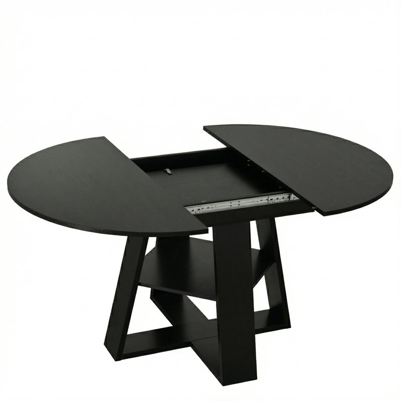 Table de salle à manger ronde extensible de 43,3 po à 59 po pour 4 à 8 personnes, table de salle à manger ovale de cuisine moderne avec feuilles amovibles peu encombrante, base en bois avec tablette de rangement pour le salon de la cuisine (noir)