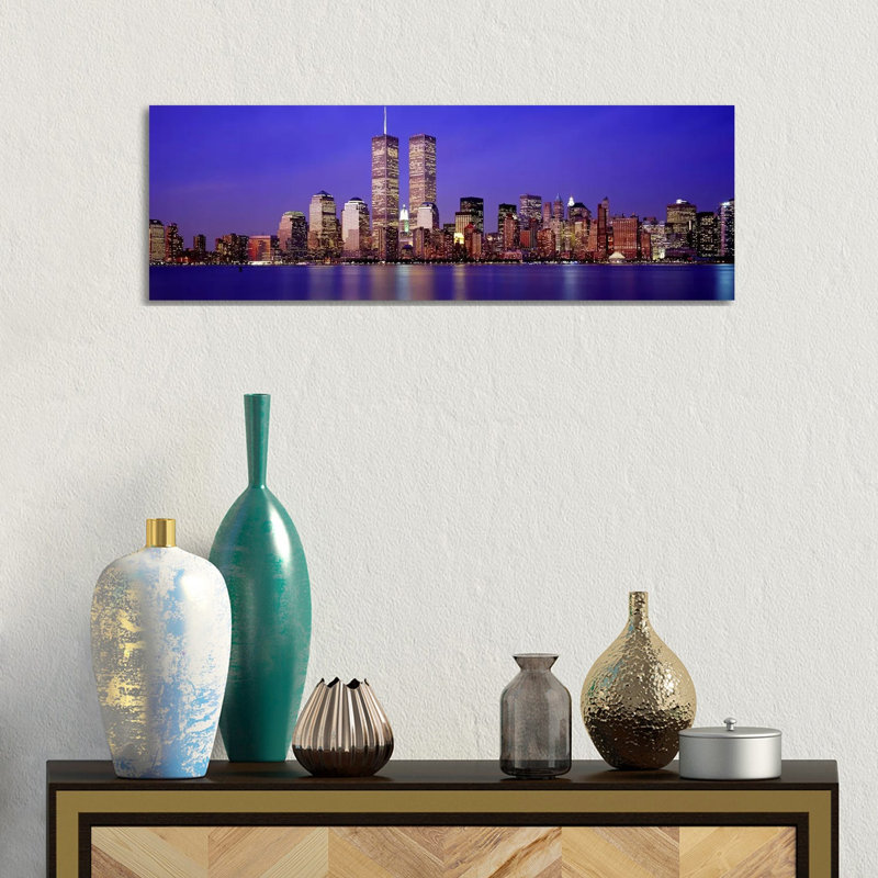 Buildings at the Waterfront Lit up at Dusk, World Trade Center, Wall Street, Manhattan, New York City, New York State, USA 1 Piece Wrapped Canvas Panoramic Wall Art