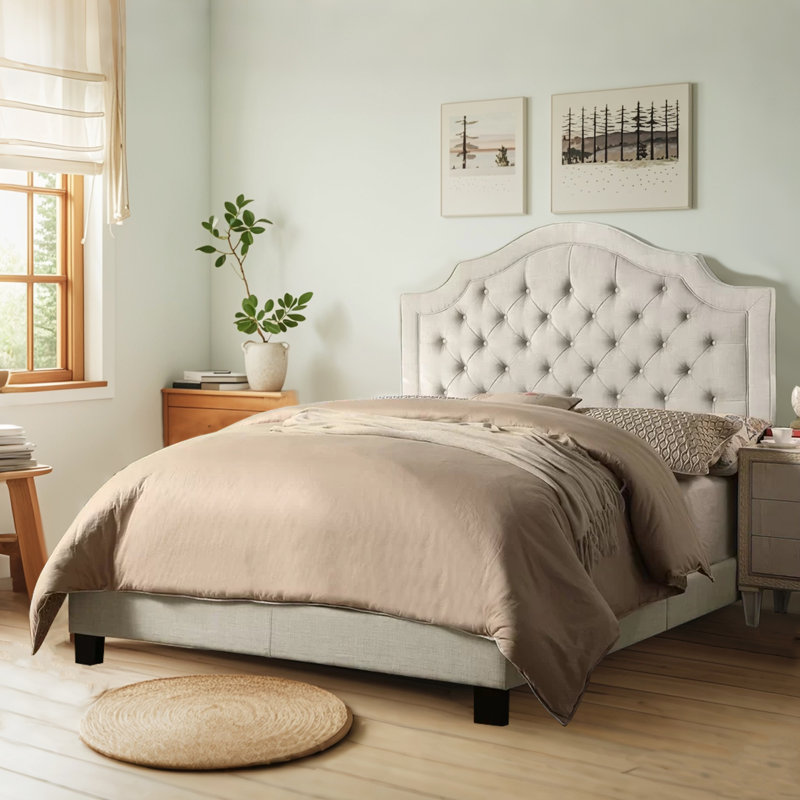 Linen Upholstered Bed with Adjustable Headboard and Button Tufting, King, Beige