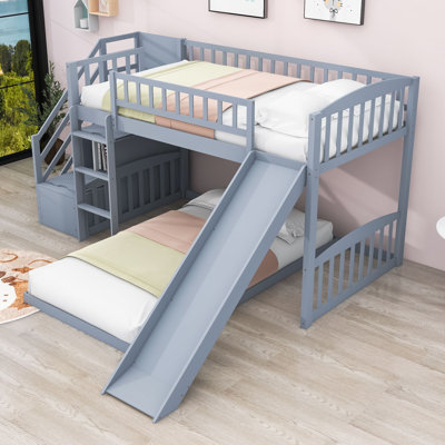 Eutimia Twin Over Twin Wood L-Shaped Bunk Bed with Slide and Storage Staircase