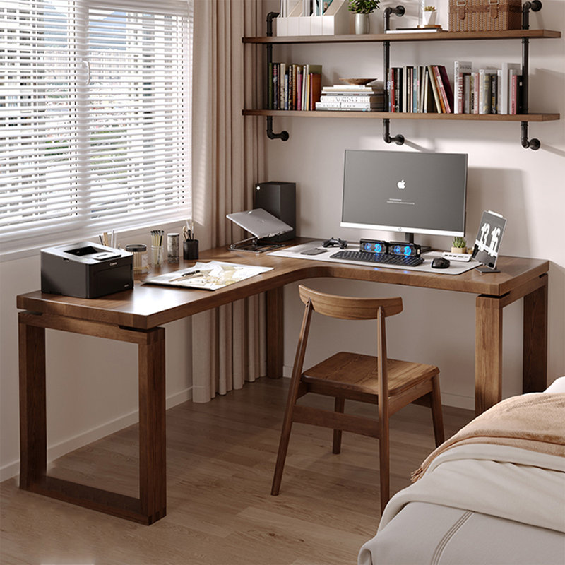 Solid wood walnut-colored L-shaped corner desk, Right, 29.53"H*70.87"W*55.12"D
