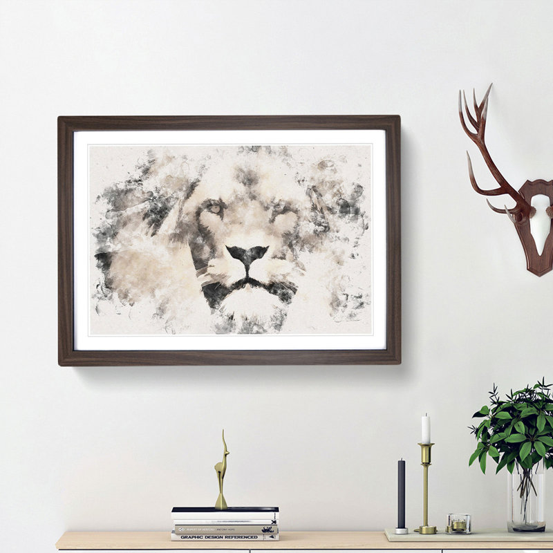 Lion Watercolour - Picture Frame Graphic Art Print, Walnut Framed, 33cm H x 45cm W x 2cm D