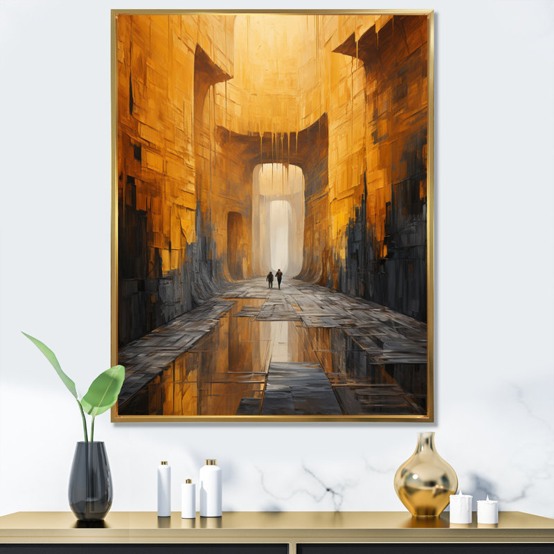 Tunnel abstrait jaune et gris sur toile, Cadre flottant doré, H 40 po x l 30 po x P 1,5 po