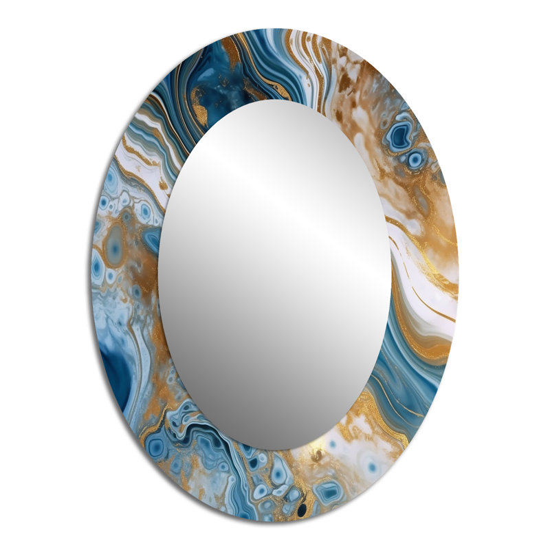 Blue and White Marble Dreams - Miroir décoratif ovale abstrait sur métal, 40 po x 30 po