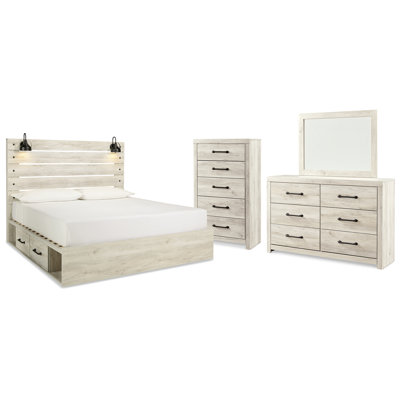 Très grand lit à panneau avec rangement, commode, miroir et commode Cambeck