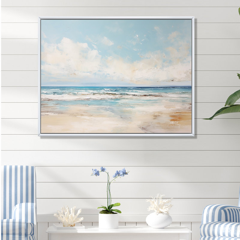 «Beige and Blue Beach Minimal Horizon», art mural plage côtière, Cadre flottant blanc, H 24 po x l 32 po x P 1 po