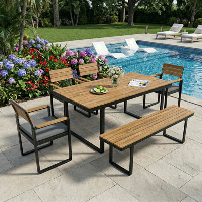 Ensemble repas 6 pièces en bois d'acacia avec 4 chaises, 1 banc et coussins, pieds réglables pour patio et jardin