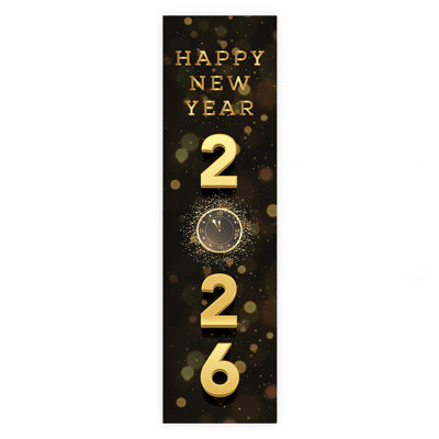 Bannière Happy New Year 20xx, horloge de compte à rebours verticale noire et dorée, enseigne de bannière suspendue avec points de colle