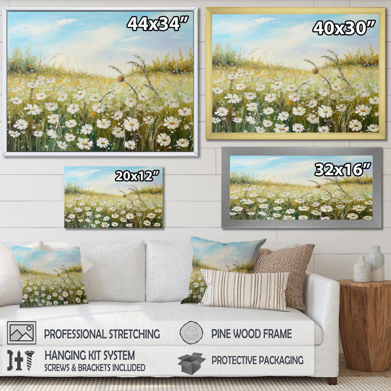 Champ de fleurs marguerites au soleil, H 30 po x l 40 po x P 1,5 po, Cadre flottant doré