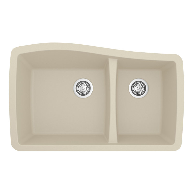 Karran Quartz Composite 33-1/2'' X 20-3/8'' 60/40 Double Bowl Undermount Kitchen Sink Kit, Bisque