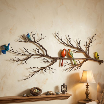 Art mural en métal oiseaux sur branche, décoration murale silhouette noire, sculpture suspendue en plein air