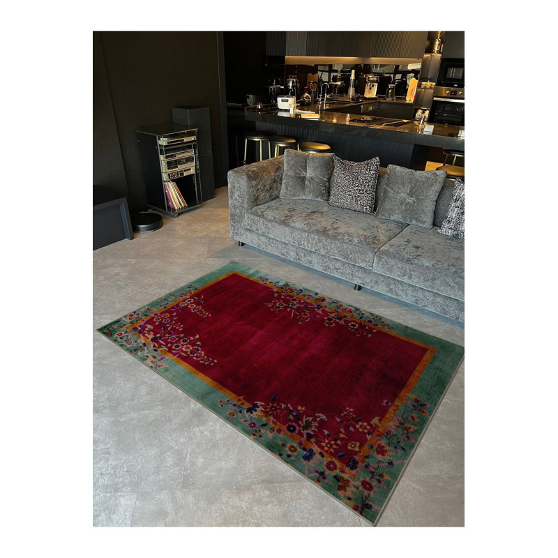 Tapis décoratif rétro à motif floral rouge et rouge à motif lavable à la machine