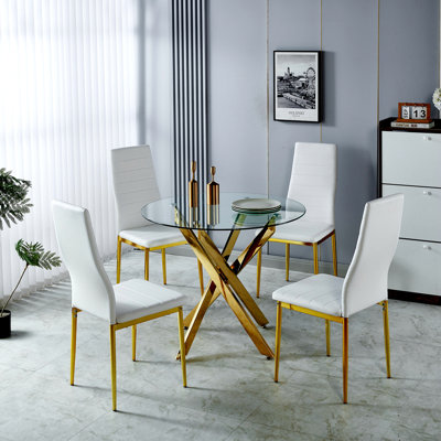 Ensemble de salle à manger 1 + 4,5 pièces, table de salle à manger à pieds en métal Mid-Century pour 4-6 personnes avec plateau en verre, table de salle à manger à piédestal, table basse de loisirs