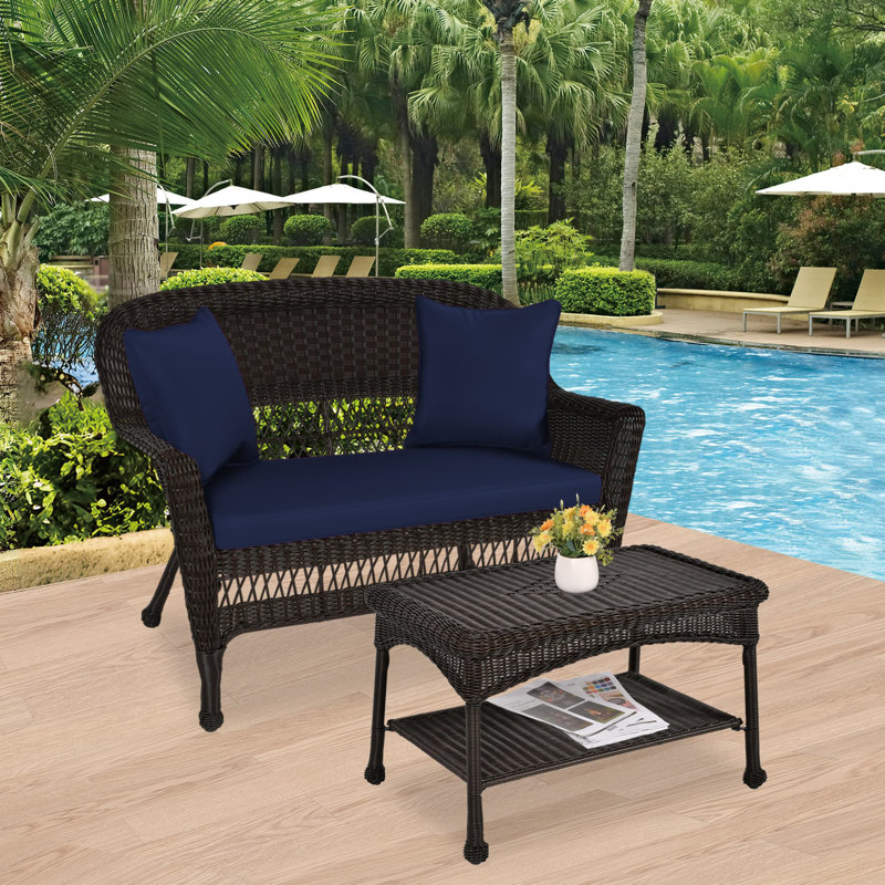 Nathanael 2 - Person Patio Conversation Set with Cushions, Espresso, Blue