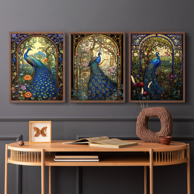Série Peacock - Ensemble de 3 estampes numériques encadrées - Prêt à être accroché, Cadre noyer, H 14 po x l 11 po