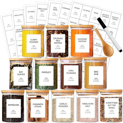 12 Pcs Glass Spice Jars with Bamboo Airtight Lids and 191 Labels