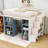 Full Size Loft Bed with 2 Four-layer Storage Cabinets and Curtain,White+Blue