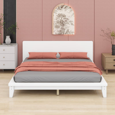 Classic Wood Slat Platform Bed with Integrated Headboard and Support Slats