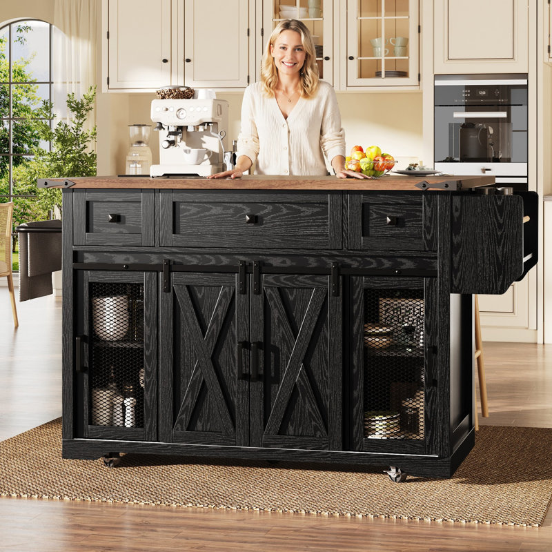 144.4 cm W Kitchen Island with, Black