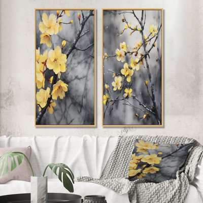 Fleurs de cerisier jaunes et grises - ensemble de 2 reproductions d'art mural cerisier