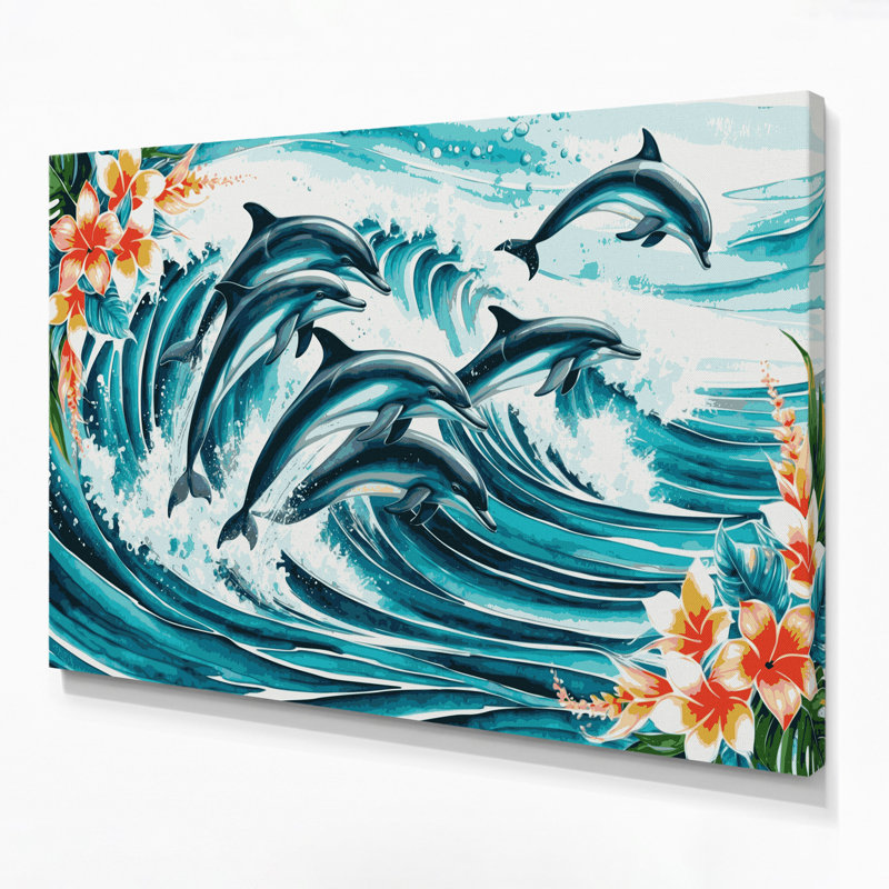 «Hawaiian Leaping Dolphins», art mural sur toile bleue, H 16 po x l 20 po