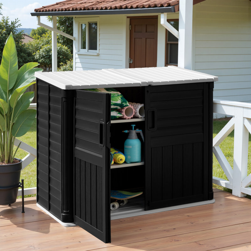 Outdoor Resin Slant Roof Storage Shed With Double Doors, Black