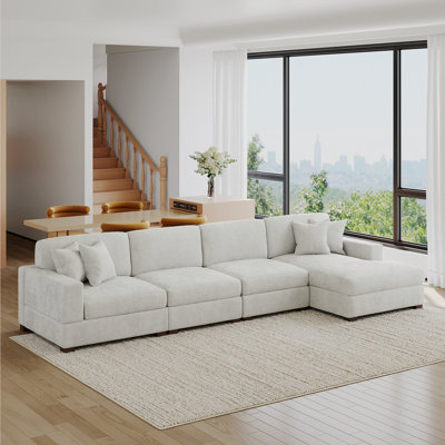 4 - Piece Upholstered Offehite Chenille Modular Sectional Sofa with Armrests & Throw Pillows
