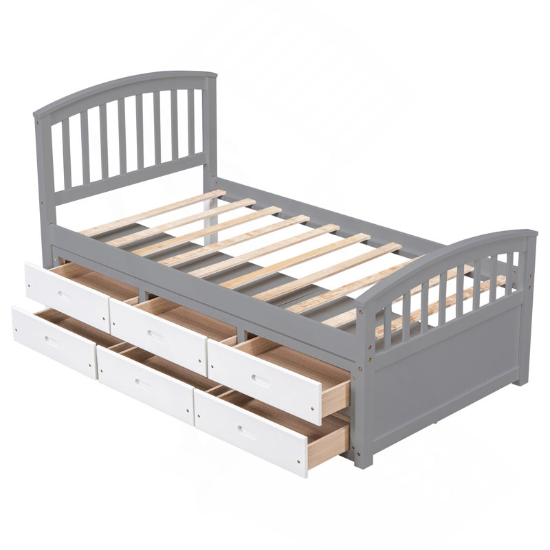 Lit plateforme simple avec 6 tiroirs, gris, blanc