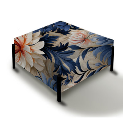Blue And Beige Artful Damask Flowers - Floral Large Square Ottoman