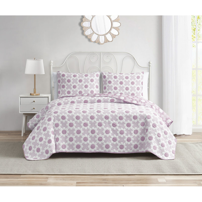 DESIGN STUDIO Daisy Flower Lilac Soft Woven Matelasse Jacquard Cotton Blend Quilt Set, Queen Quilt + 2 Standard Shams
