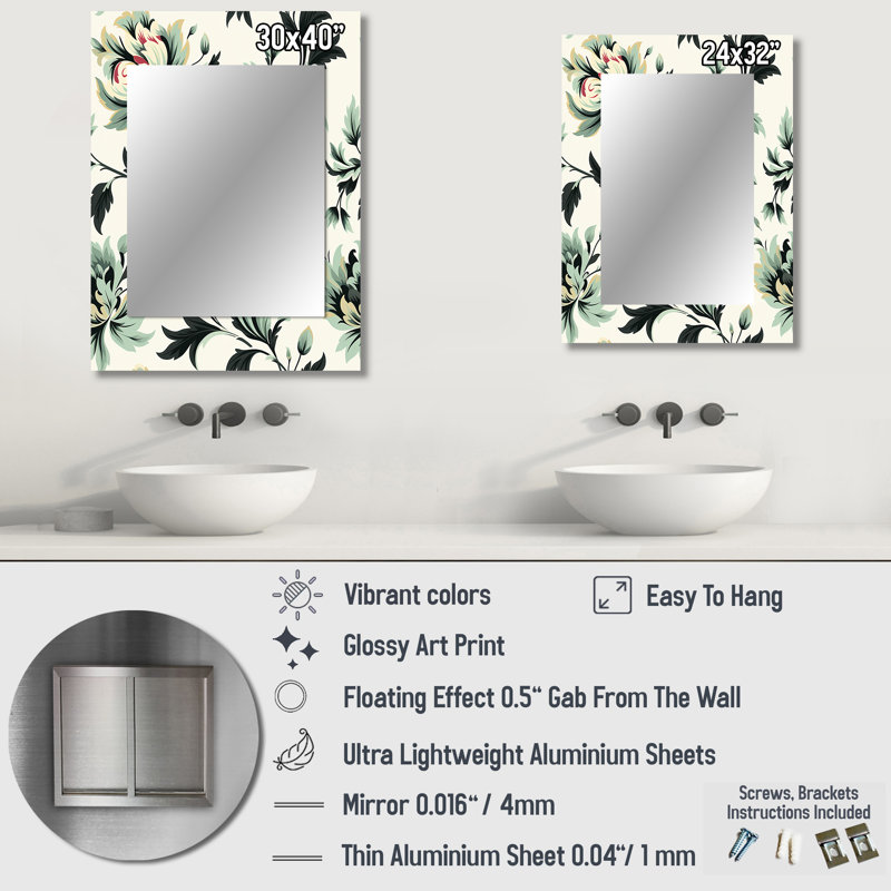 Green Sleek Damask Harmony - miroir unique damassé, grand miroir mural bohème, impression d'art en métal, 32 po x 24 po