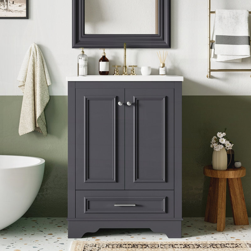 Meuble-lavabo autoportant moderne 24 po avec lavabo en céramique 24 po, Bleu gris