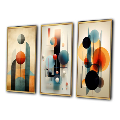 "Géométrie circulaire rétro en orange et bleu II", 3 pièces sur toile