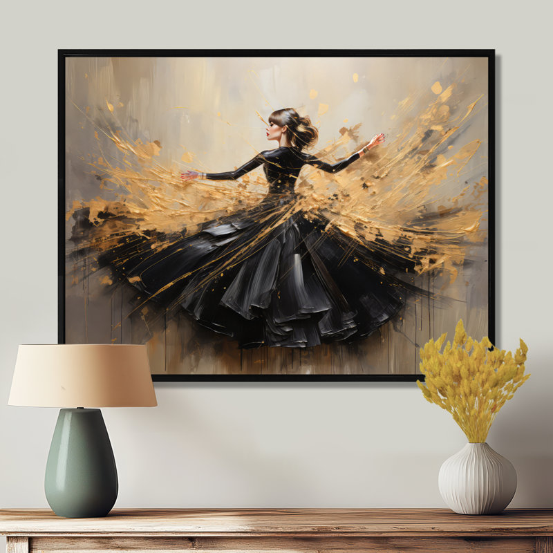 Gold and Black Dance Splash II - Danse, reproduction d'art encadrée, L 20 po x H 12 po x P 1 po, Cadre flottant noir