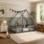 Lit simple en bois en forme de maison avec clôture, garde-corps, gris-135402000-135402002