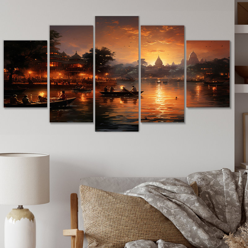«Hinduisim Sunset Aarti IV» sur toile, reproduction de 5 pièces
