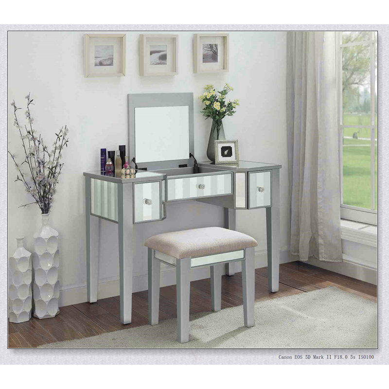 Transitional Style Vanity Set With Storage Drawers, Central Mirror, And Padded Stool For Elegant Bedroom Furniture, Silver
