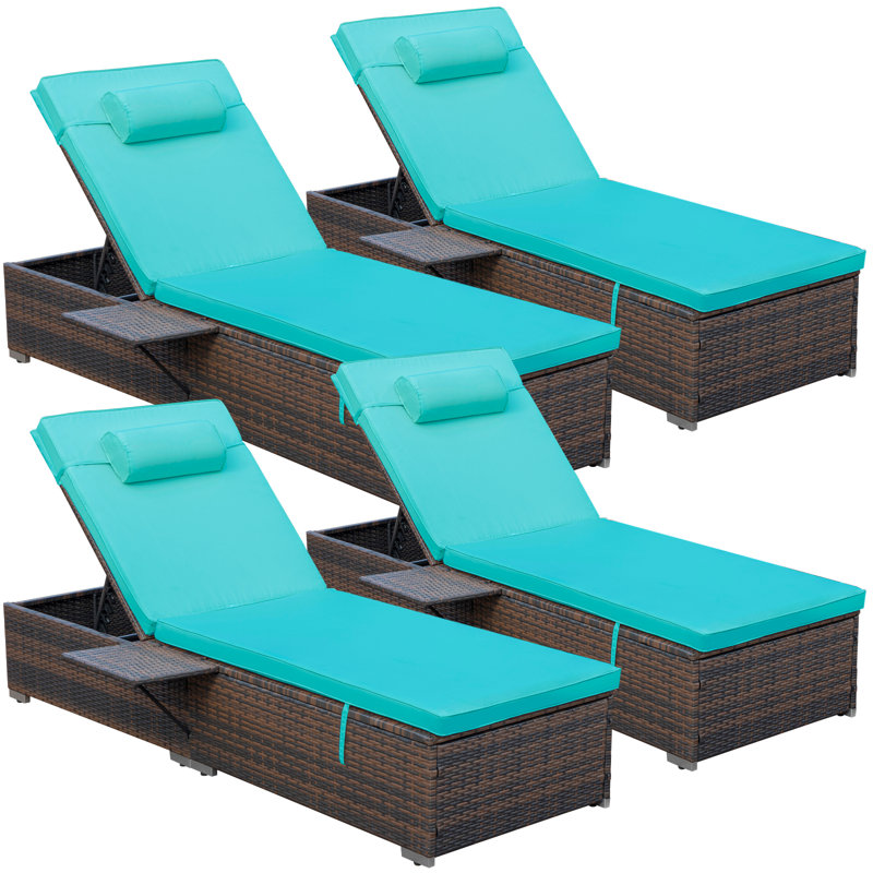  Outdoor Rattan Chaise Lounge Set of 4 with Reclining Backrest, Sidetable, Cushions & Head Pillows, Blue, 4