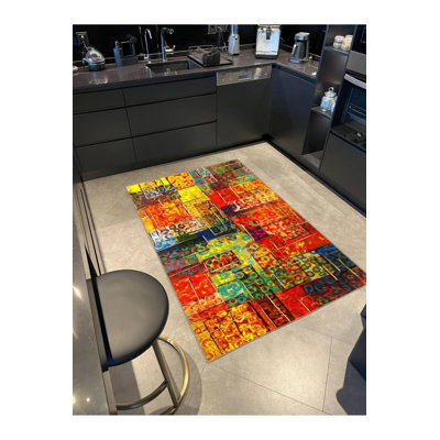 Modern Orange Red Woven Based Washable Rug