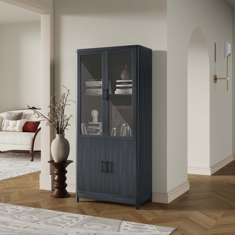 Bibliothèque Mid-Century à 6 tablettes avec portes en verre trempé gris anthracite Jodie H 67,6 "x l 31", Gris anthracite