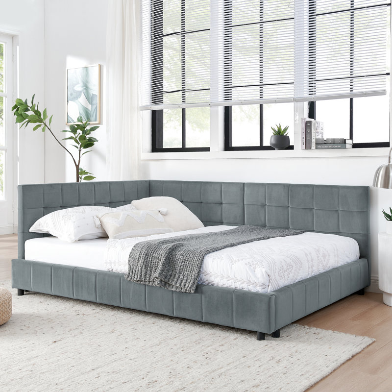 Structure de lit double pleine grandeur en velours avec accoudoirs pour chambre à coucher et espace de vie