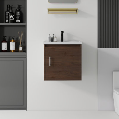 Meuble-lavabo suspendu de 50 cm avec lavabo encastré en céramique, meuble en contreplaqué, porte à fermeture douce, marron