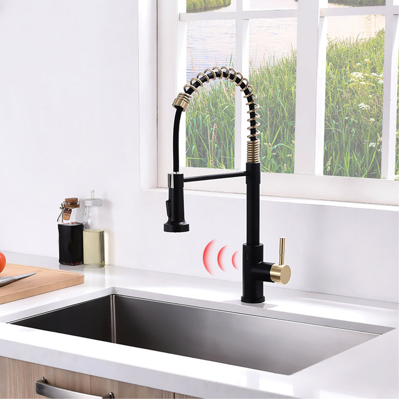Hands Kitchen Sink Tap - Touchless Automatic Smart With Pull Out , Black And Gold, Contemporary Design, Ceramic Filled, Brass Made Spray, For Sink,