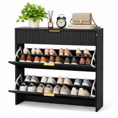 Meuble à chaussures étroit cannelé avec poignées dorées, noir