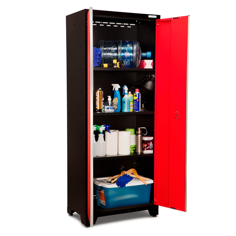 Bold Series 15 Piece Garage Storage Cabinet Set, Bamboo, LED Light, Red
