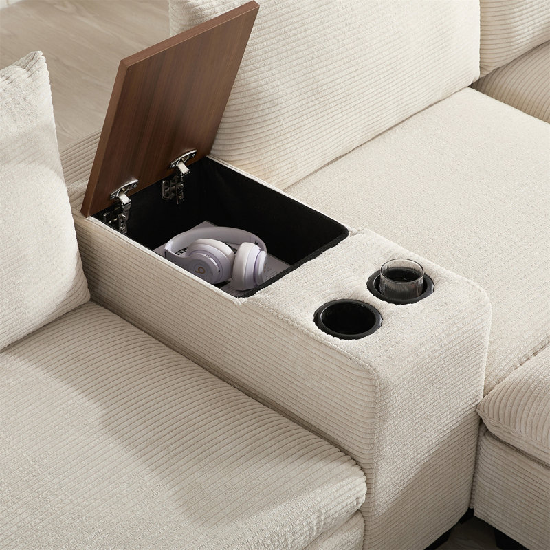 Canapé modulaire de 139 po en U avec console, Beige Corduroy