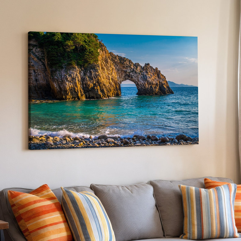Reproduction d'art sur toile encadrée, "Une scène côtière éblouissante" par Lush Greenery And Rugged Cliff, H 30 po x l 40 po